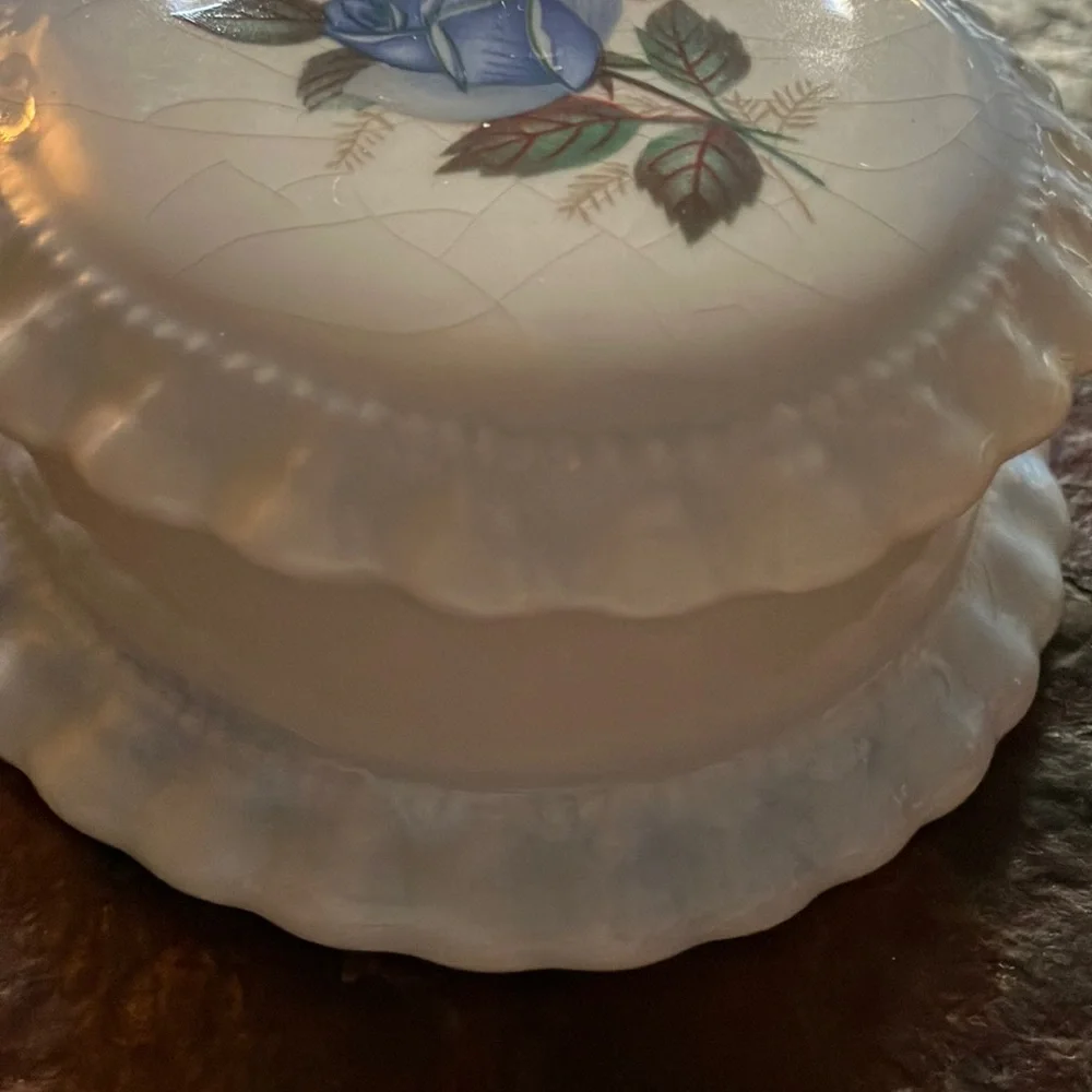 Heart-Shaped Porcelain Trinket Box with Blue‎ Rose and Ruffle Accents - Vintage